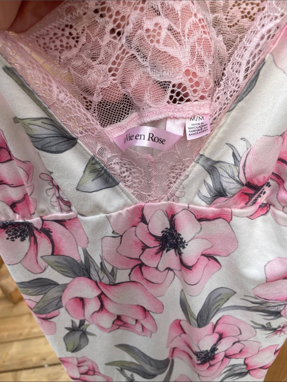 La Vie En Rose Pink and Gray Floral Lace-Trim Chemise - Picture 2 of 6